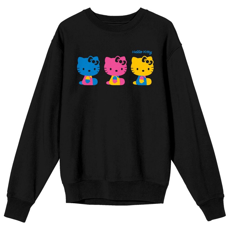 Hello Kitty 3 Colorful Characters Juniors Black Long Sleeve Shirt, 1 of 4