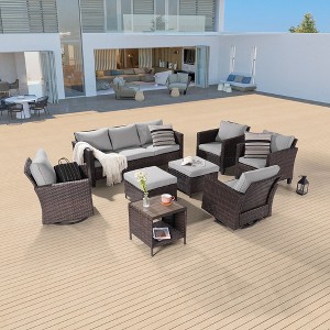 Sonkuki 8-Piece Patio Conversation Set with Swivel Rocking Chair and Side Table, Navy Blue Cushion - 1 of 4