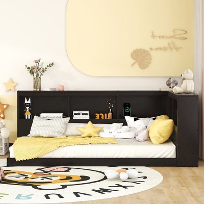 Twin Size Daybed Solid Wood Twin Platform Bed Frame With Storage Cabinets USB Ports For Boys Girls Teens Bedroom