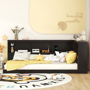 Twin Size Daybed Solid Wood Twin Platform Bed Frame With Storage Cabinets USB Ports For Boys Girls Teens Bedroom - 1 of 4