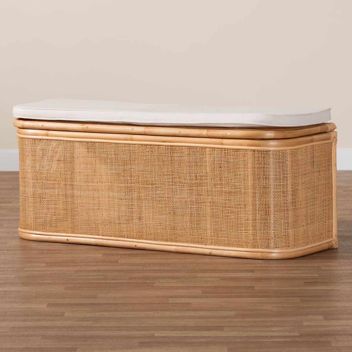 bali & pari Ishana Natural Rattan Storage Bench Natural/White: Upholstered Polyester, Plywood Frame, No Assembly Required - thumbnail 10