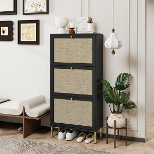 RISOKEYS Rattan Free Standing Shoe Cabinet with 3 Flip Drawers,Shoe Rack Storage Cabinet for Heels,Boots,Slippers,Entrance Hallway Entryway. - 1 of 4