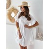 Womens Linen Textured Beach Dress Short Ruffle Sleeve Midi Smock Dress Round Neck Babydoll Flowy Dress Semi Sheer Beach Cover Dress - 3 of 4