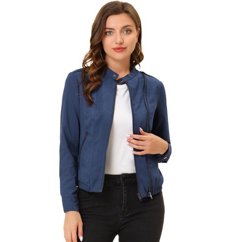 Inspire Chic Women s Stand Collar Zip Up Biker Lightweight Moto Jacket Dark Blue Medium Target