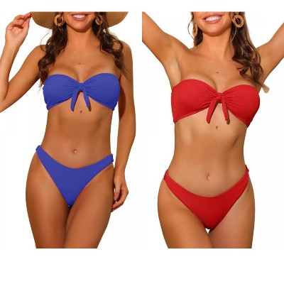 INSPIRE CHIC Women's Bandeau Ribbed Bowknot Strapless with Bottoms Swimwear Bikini 2 Set