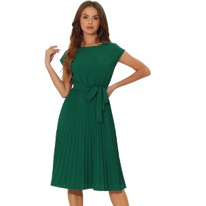 Allegra K Women's Pleated Crew Neck Cap Sleeve Tie Waist A-Line Dresses - 1 of 4