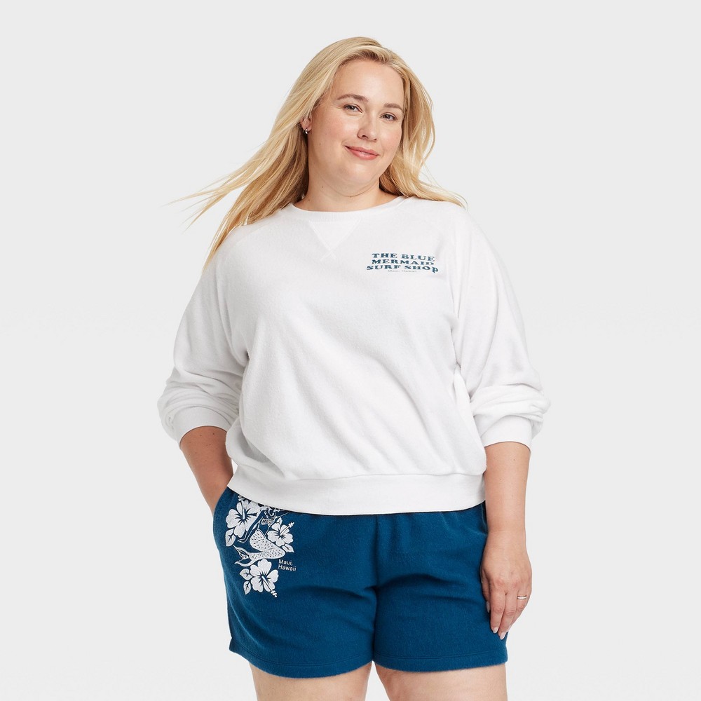 Women's Blue Mermaid Surf Shop Graphic Sweatshirt - White 2X