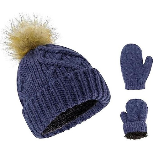 Classic Prep 2-Piece Stripe Cole Winter Hat & Mittens Set - Blue Ribbon - Size 8