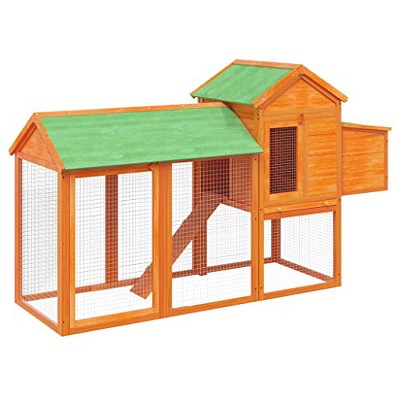 'vidaXL Chicken Coop - Rustic Solid Pine Wood Enclosure with Nesting Box, Resting Area and Run Ramp for Chickens, Rabbits, Ducks, Geese and Birds