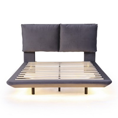 HomeRoots Gray Tufted Upholstered Full Bed Frame With LED Lighting And USB