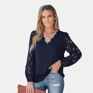 Women's Floral Lace Scalloped V Neck Top -Cupshe - 1 of 4