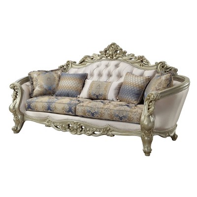 Elegant Antique White Floral Tufted Sofa with Nailhead Trim
