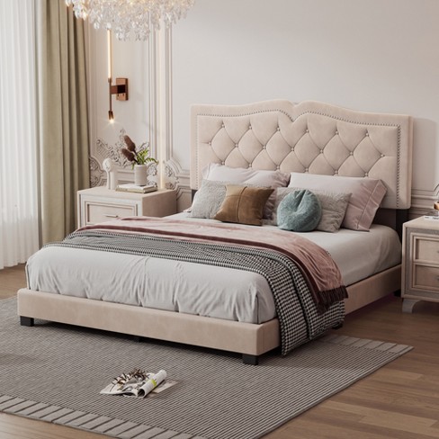 Full/Queen Size Velvet Upholstered Platform Bed with Rivet Design Tufted Headboard 4A - ModernLuxe - image 1 of 4