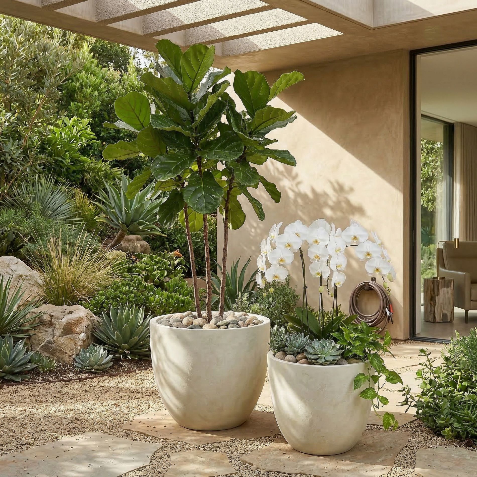 Set of 2 Large Round Concrete Planters, 15"x13" & 18"x14", Handmade with Drainage Holes for Home Garden