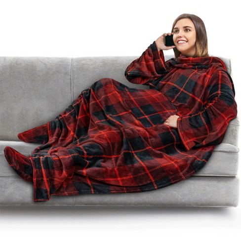 Pavilia Wearable Blanket With Sleeves And Foot Pockets, Fleece Warm Snuggle  Pocket Sleeved Throw For Women Men Adults, Plaid Navy/faux Shearling :  Target