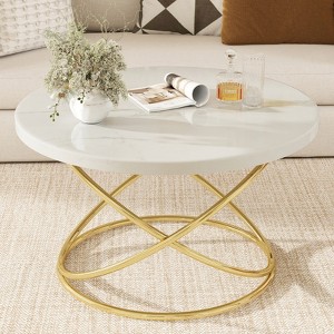Bekrvio 31.5'' Round Glass Coffee Table with Gold-Plating Bright Metal Oval Frame, Modern Circle Gold Coffee Table for Living Room - 1 of 4