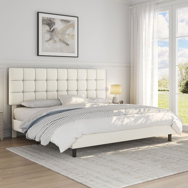Yaheetech Upholstered Platform Bed Frame with Tufted Height Adjustable Headboard, 2 of 8
