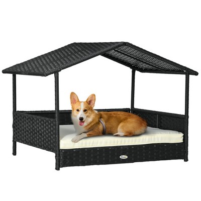 Pawhut Wicker Dog House Elevated Raised Rattan Bed For Indoor/outdoor ...