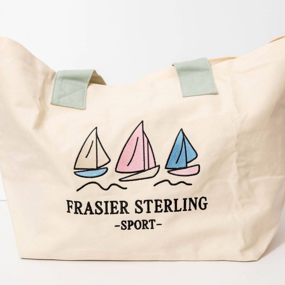 Frasier Sterling Sport Sail Boats Tote Bag Cream/Mint: Unstructured Cotton Canvas Handbag