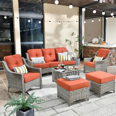 XIZZI 6 Pieces Wicker Conversation Set, 3-Seat Sofa with Cushion, High Back Rattan Chairs, Ottomans and Coffee Table for Garden Backyard