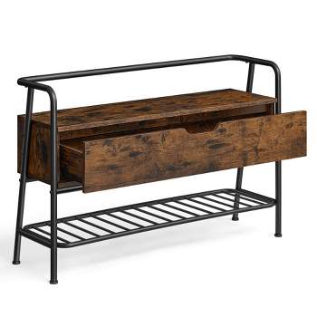 VASAGLE Shoe Storage Bench with Seating, Shoe Bench with Organizer Drawer, Industrial Style, Steel Frame,Rustic Brown and Ink Black