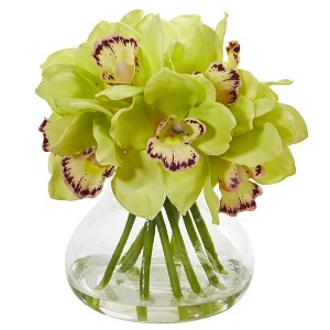Nearly Natural Cymbidium Orchid Artificial Arrangement in Glass Vase, Green - 1 of 4