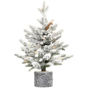 Decorated Flocked Basin Christmas Tree with PE/PVC Mixed Branches, Pine Cones, Warm White Lights, Durable MGO Planter, Holiday Décor - 1 of 4