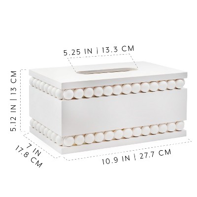 White Beaded Rectangular Paulownia Wood Tissue Box Cover