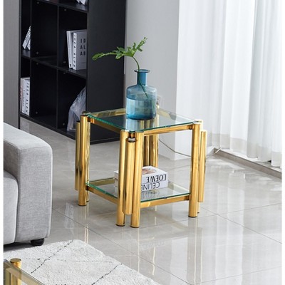 Vynxaria Series 20 in. Gold Square Clear Tempered Glass Top End Table with Double-Layer Storage