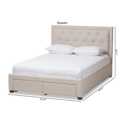 Luxurious King-Sized Light Beige Upholstered Bed with Tufted Headboard and Storage Drawers