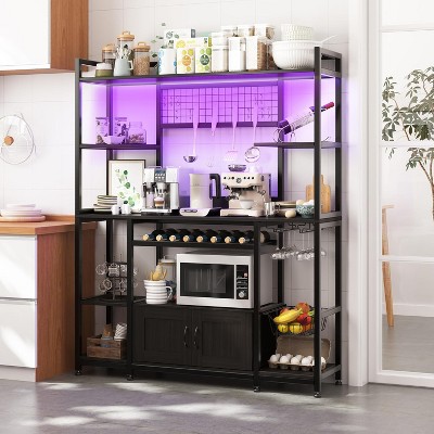 Large Bakers Rack with Power Outlet and LED Light, 5-Tier 55" Kitchen Microwave Stand Coffee Bar with Storage
