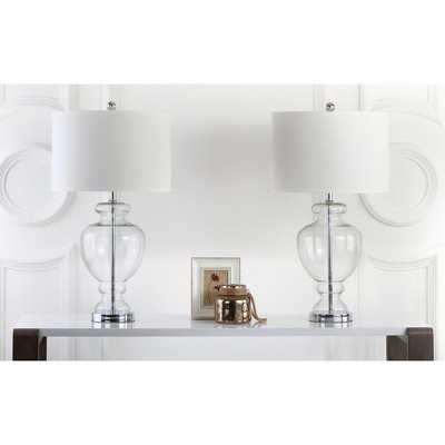 Clear Glass Table Lamp Set with Silver Fittings and Off-White Shade