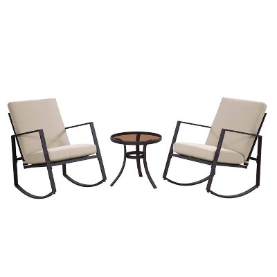 3pc Aurora Rocking Bistro Set with Cushion Neutral - Apollo Outdoor