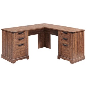 L Shaped Desk with Drawers, 60in Wide Farmhouse Executive Office Desk with Charging Station, Home Corner Desk with File Drawer - 1 of 4