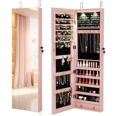 Costway Mirrored Wall & Door Mounted Jewelry Cabinet Storage Organizer with Lights&Drawer Pink/Black/Brown/Rustic Brown/White/Green