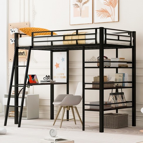 Twin Size Loft Metal Bed With Whiteboard, 3 Layers Of Shelves And Desk ...