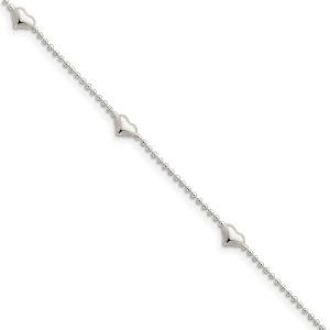 Black Bow Jewelry Sterling Silver Puffed Heart Bead Link Anklet, 10 Inch - 1 of 4
