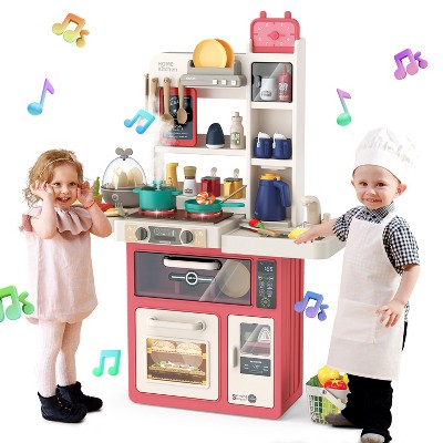 Skirfy 63PCS Kids Kitchen Playset,Play Kitchen Toy with Realistic Lights & Sounds,Pretend Steam, Play Sink & Oven