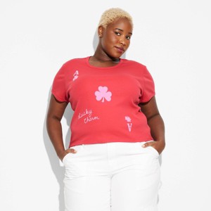Women's Lucky Charm Ace of Clubs Short Sleeve Graphic Baby T-Shirt - Red - 1 of 3