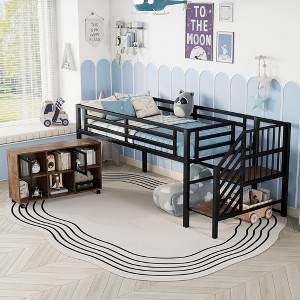 Okak Twin Size Metal Bookcase Loft Bed with Stairs & Storage Cubby,Contemporary Bed Frame for Bedroom,Kids Room - 1 of 4