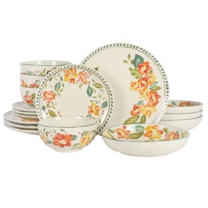 Bloomhouse Cassia Bud 16 Piece Double Bowl Hand Painted Stoneware Plates and Bowls Floral Dinnerware Set - 1 of 4