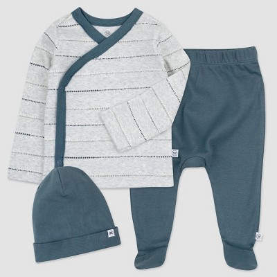 Honest Baby Boys' 3pc Organic Cotton Dotted/Striped Kimono Top and Footed Pants with Beanie - Light Gray/Blue 0-3M