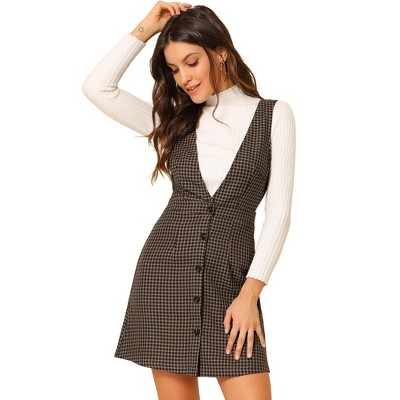 Allegra K Women's V Neck Gingham Check Pinafore Overalls Suspenders Plaid Print Dress