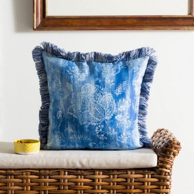 Blue Fringed 16" Square Throw Pillow