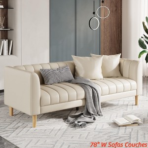Modern Faux Leather Sofa Couch, 78 in W Sofa w/ Deep Seats, 3 Seater Sofa Couch w/ 2 Throw Pillows & Wood Legs, Easy Assembly - 1 of 4