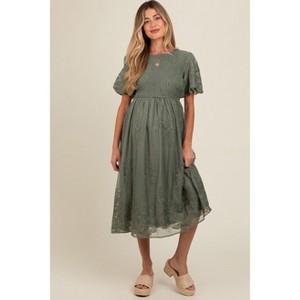 Pinkblush Olive Floral Lace Smocked Maternity Midi Dress - 1 of 4