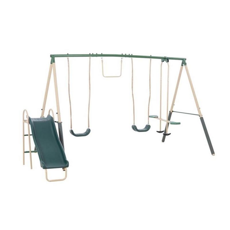 XDP Recreation Central Park Swing Set, 6 Child Capacity, Backyard Playset with Slide, Trapeze Swing, Fun-Glider, and 2 Traditional Swing Seats, Green, 1 of 7