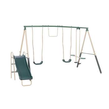 XDP Recreation Central Park Swing Set, 6 Child Capacity, Backyard Playset with Slide, Trapeze Swing, Fun-Glider, and 2 Traditional Swing Seats, Green