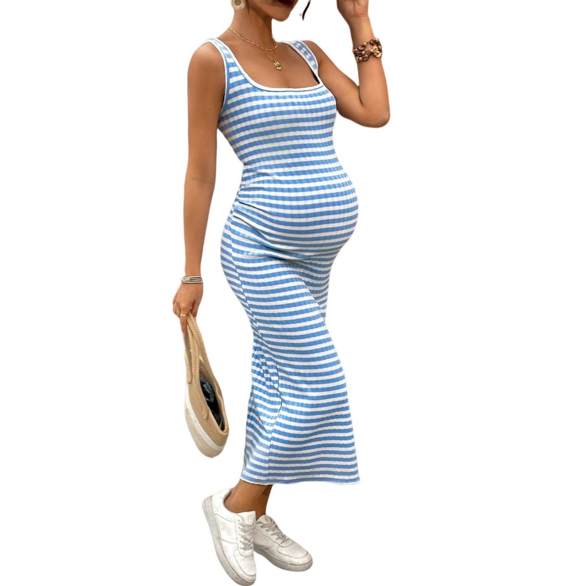 Garvee Maternity Dress Striped Ribbed Knit Tank Midi Sun Dress Side Slit Bodycon Pregnancy Clothes Comfortable Summer Outfits Stretchy - thumbnail 3