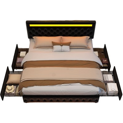 CAVINAS Full/Queen/King Size Modern Platform Bed Frame with LED on Headboard & 4 Storage Drawers,No Box Spring Needed